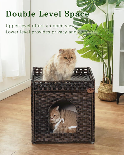 Cat Beds for Indoor Cats Extra Large Double Cat Cave Pet Cube, Handwoven Rattan Cat Houses with Double-Sided Soft Cushions, 18.5 x 20.5 x 19.1 Inches Foldable Hideaway in Living Room Brown