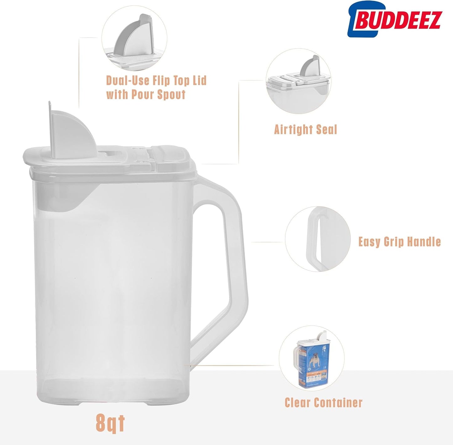 Buddeez Pet Food Storage Container - 8 Quart Capacity Dog / Cat Food & Bird Seed Container with Durable EZ Grip Handle, Flip Gray Lid (includes 1 Cup Clear Scoop)