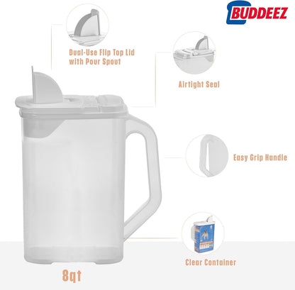 Buddeez Pet Food Storage Container - 8 Quart Capacity Dog / Cat Food & Bird Seed Container with Durable EZ Grip Handle, Flip Gray Lid (includes 1 Cup Clear Scoop)