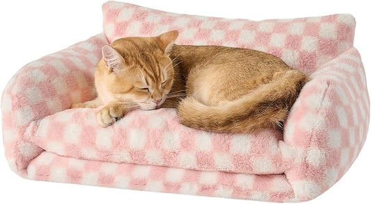 Hollypet Cat Bed Fluffy Plush Mutifuctional Double-Layer Soft Pet Couch Orthopedic Sofa Nest Beds for Small Cats and Dogs, Pink and White (21x15x8 inch)