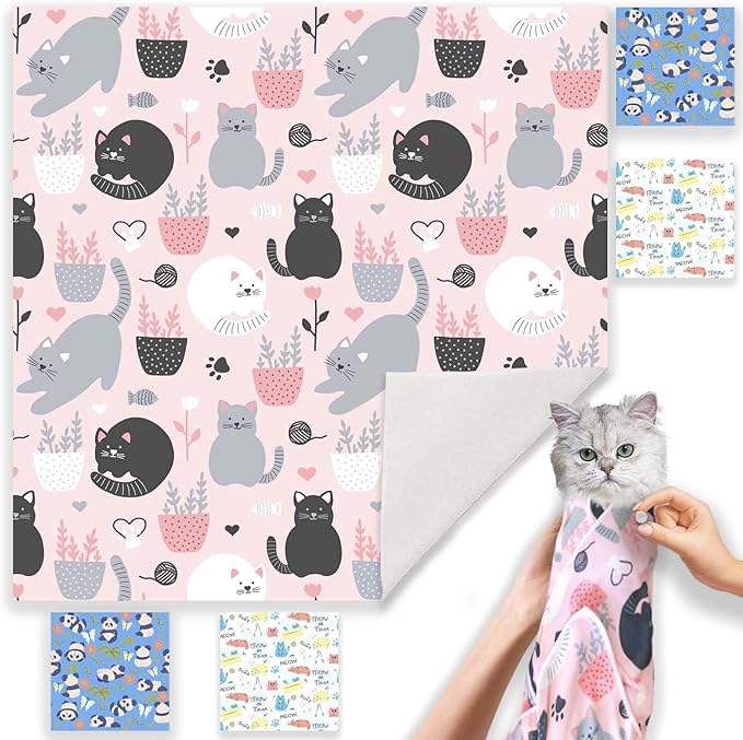21.7" Cat Wrap for Grooming-Premium Cat Grooming Wrap Cat Restraint for Nail Clipping, Self-Adherent Soft Cat Blanket to Wrap Cat Anti-Scratch Anti-Escape Grooming Bag (Pink, L(Within 9lbs))