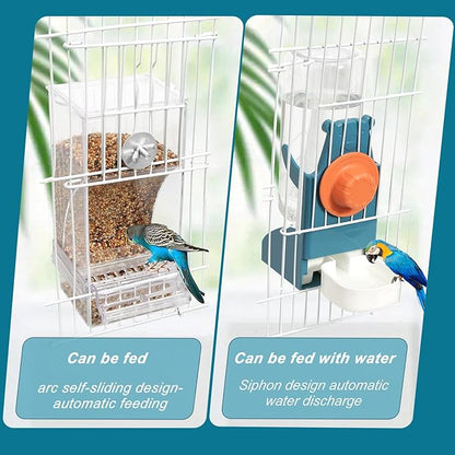 No Mess Bird Feeder Water Dispenser Set, Automatic Parrot Feeder Drinker Cage Accessories, for Parakeets, Cockatiels, Budgies, Macaws, Lovebirds, Canaries - Cage Mounted/External Hanging (Blue)
