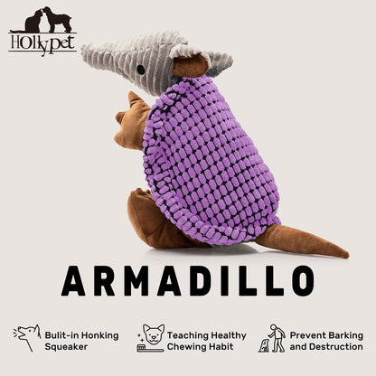 Hollypet Plush Dog Squeaky Toy Stuffed Armadillo Animal Pet Puppy Chew Toys with Clean Teeth for Small Medium Large All Breed Sizes Dogs, Purple, 10 in