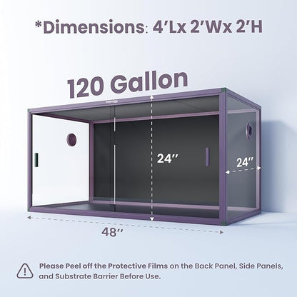 120 Gallon Bearded Dragon Tank,48" x 24" x 24" Reptile Tank with Sliding Door Top Screen Ventilation, Front Opening Reptile Enclosure for Easy Maintenance