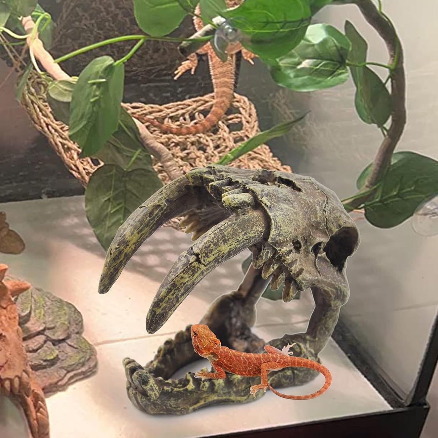 Resin Skull Habitat Hideout Cave Decor Reptile Hammock Lizard Lounger Bearded Dragon Tank Accessories Reptiles Hanging Vine Bendable Jungle Climbing Plant Terrarium Decoration(4PCS)