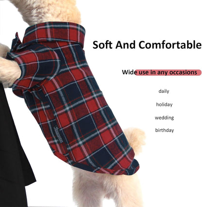 Plaid Dog Shirt,Soft Casual Pet Shirt Clothes, Dog Cotton Shirt with Bow Tie for Wedding,Christmas Costumes (Red&Blue, Small)