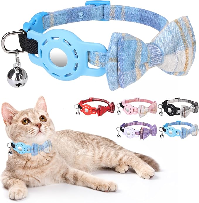 Airtag Cat Collar with Bells and Bowtie -Safety Elastic Band Kitten Collar for Apple Air Tag Holder- Cute GPS Cat Tracker Collars for Girl Boy Cats and Puppies, Adjustable 8"-12" Blue
