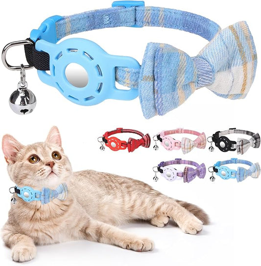 Airtag Cat Collar with Bells and Bowtie -Safety Elastic Band Kitten Collar for Apple Air Tag Holder- Cute GPS Cat Tracker Collars for Girl Boy Cats and Puppies, Adjustable 8"-12" Blue