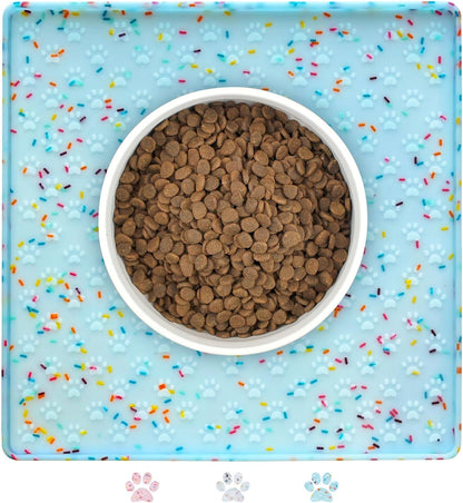 Ptlom Dog Food Mat Anti-Slip Dog Bowl Mats for Food and Water, Waterproof Pet Placemat Prevents Messy Spill to Floor, Silicone Puppy Feeding Tray for Small, Medium and Large Dogs Cats, Blue