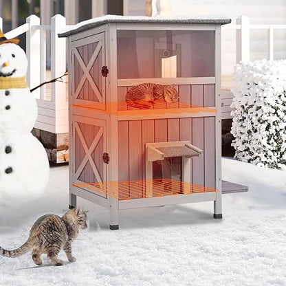 GUTINNEEN Outdoor Heated Cat House for Winter, Weatherproof Wooden Feral Cat Shelter with Escape Door, Heating Pad & Removable Mat(AIR14-Heated)