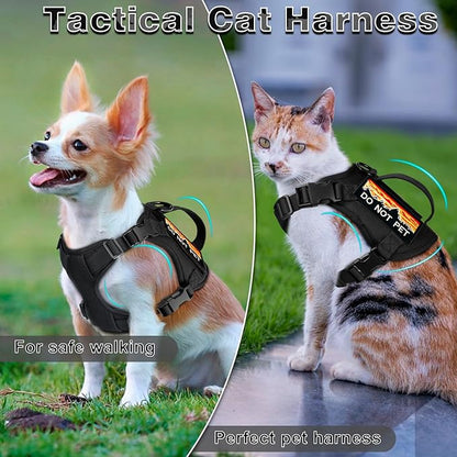 Tactical Cat Harness for Walking, Adjustable Escape Proof Pet Vest for Large Cat,Easy Control Breathable Cat Vest with Handle，Molle Patches (Black, L)