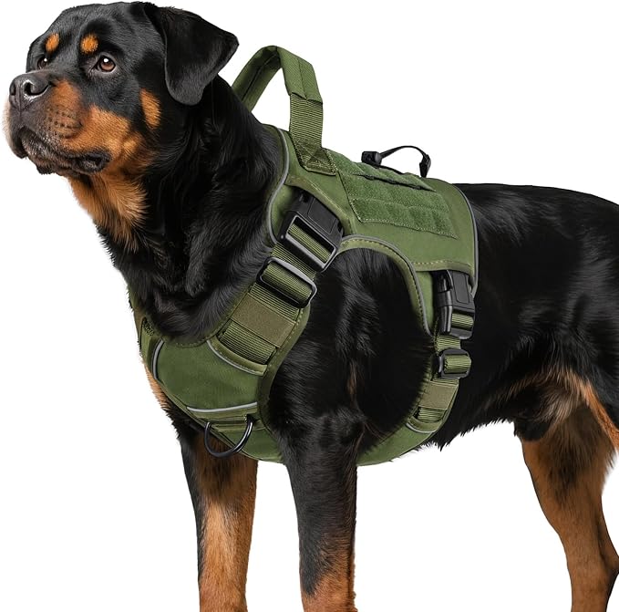 WINGOIN Green Tactical Dog Harness for Large Dogs, Heavy Duty No Pull Dog Harness with Handle, Adjustable Reflective Military K9 Big Pet Vest for Husky, Doberman, Walking, Training, Hunting (XL)