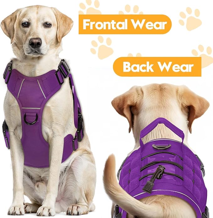 Heavy-Duty Tactical Dog Harness for Large Dogs, No Pull Adjustable Reflective Pet Vest with Molle System, K9 Military-Grade Control for Service Training, Outdoor & 10+ Breeds, Purple, Medium