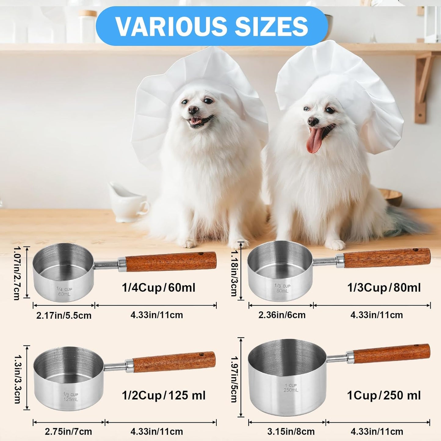 4 Pcs Dog Food Scoop Measuring-Cup, 1 Cup, 1/2 Cup, 1/3 Cup, 1/4 Cup, Stainless Steel Pet Food Scoops, Cat Food Measuring Cup