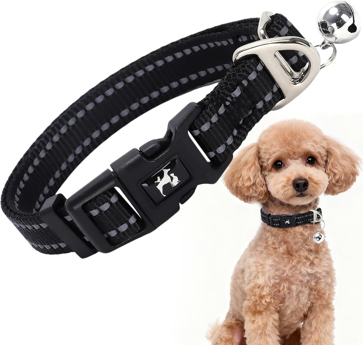 Small Dog Collar with Bell Reflective - Adjustable Puppy Collar for Nighttime Walks, Cute Basic Nylon Collar for Chihuahua Pomeranian Yorkie (Black S)