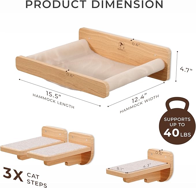 Space-Saving Cat Wall Shelves – Interactive Cat Wall Climber with Hammock & Dog Proof Feeding Station for All Indoor Breeds – Solid Natural Wood with Beige Carpet