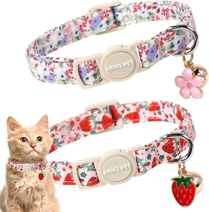 ARING PET 2 Pack Cat Collar-Cute Kitty Collars with Bell & Pendant, Adjustable Floral&Strawberry Kitten Collars with Safety Buckle for Girl and Boy Pets