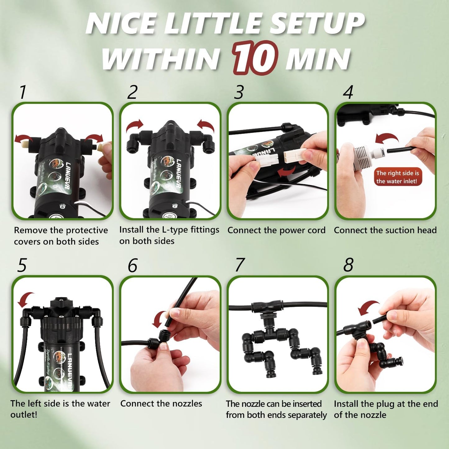 LANUEVA Reptile Humidifier, Quieter Mister Fogger for Terrarium with 4 Single Misting Nozzle + 2 Double Misting Nozzle, Automatic Spray System for Chameleon, Lizard, Snake, Frog (Pump without Timer)