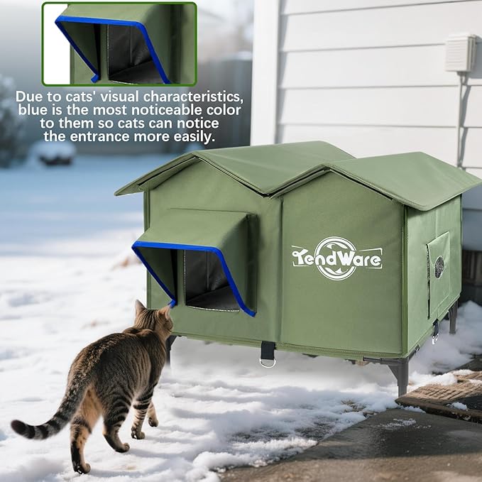Heated Cat House for Outside Outdoor Cat House with Elevated Base Cat-Attracting Eave Design Feral Stray Shelter Weatherproof in Winter Garage Yard Porch Size M