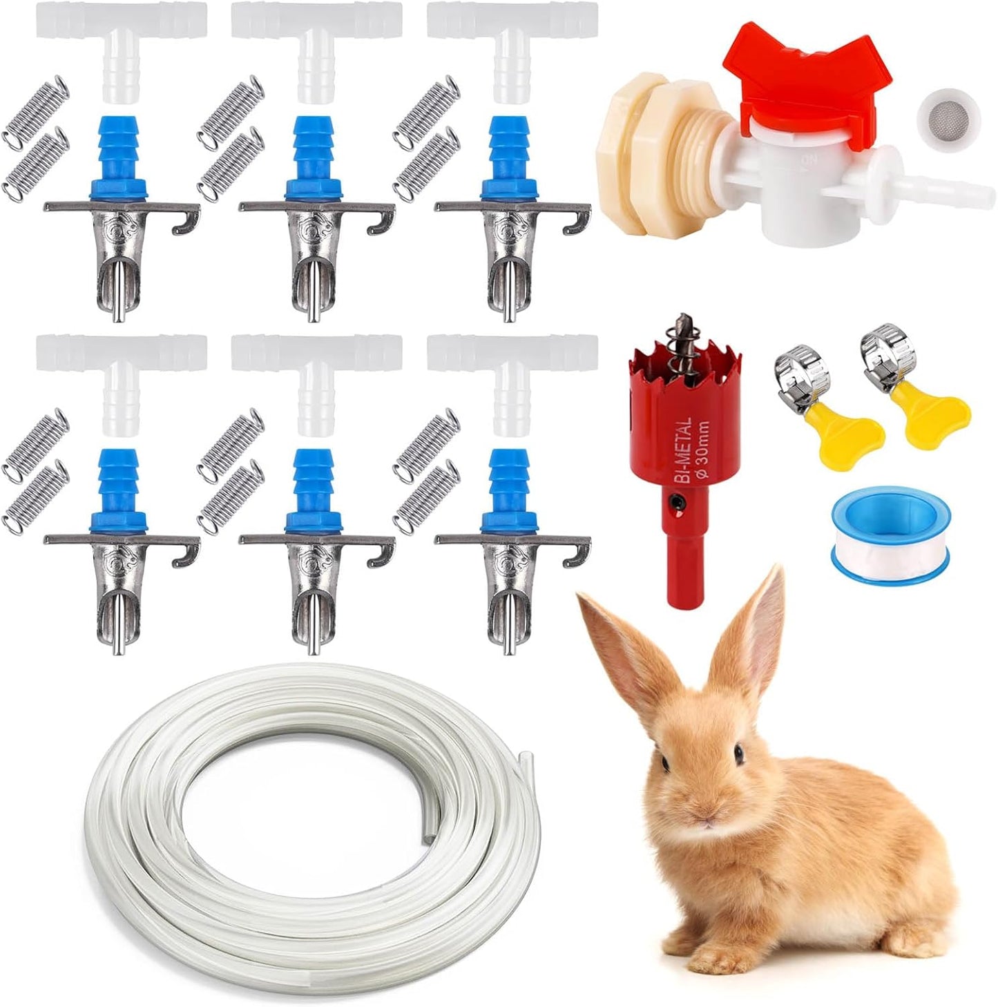 Automatic Rabbit Watering System, Rabbit Waterer Kit System Gravity Fed Include 6 Sets of Nipple Drinkers and 16 Feet of ID 5/16" Hose