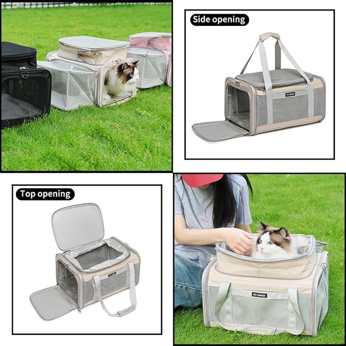 Airline Approved Pet Carrier for Cats and Small Dogs up to 15 lbs, Breathable Mesh, Portable Travel Bag for Bearded Dragon, Puppies Animal Hangbag, Rabbit Cage (Khaki, Expandable)