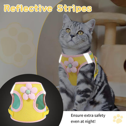 Cat Harness and Leash Set for Walking Escape Proof, Adjustable Kitten Harness Breathable Mesh with Reflective Strips Harness with Flower for Kitty Puppy Bunny Yellow Small