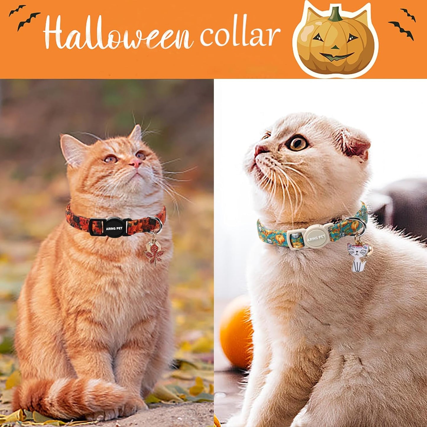 ARING PET 2 Pack Cat Collars, Breakaway Cotton Fall Halloween Kitten Collar with Bells for Girl Boy Cats Pumpkin & Autumn Leaf