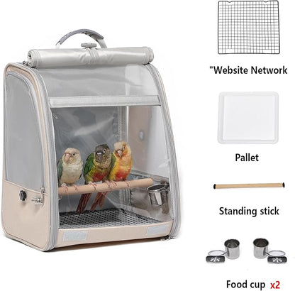 Bird Carrier Backpack, Portable Travel Bird Cage with Standing Perch, 2 Feeder Cups, Iron Mesh Stand & Removable Tray Lightweight, Breathable Mesh Window for Parrot Carrier，Easy Clean (Cream)