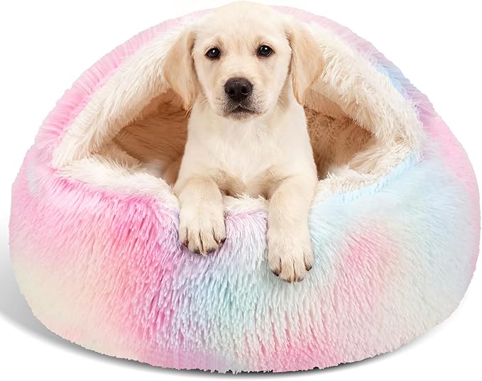 Calming Dog Beds & Cat Cave Bed with Hooded Cover,Removable Washable Round Beds for Small Medium Pets,Anti-Slip Faux Fur Fluffy Coved Bed for Improved Sleep,Fits up to 15/25 lbs(Colorful,M)