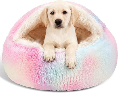Calming Dog Beds & Cat Cave Bed with Hooded Cover,Removable Washable Round Beds for Small Medium Pets,Anti-Slip Faux Fur Fluffy Coved Bed for Improved Sleep,Fits up to 15/25 lbs(Colorful,M)