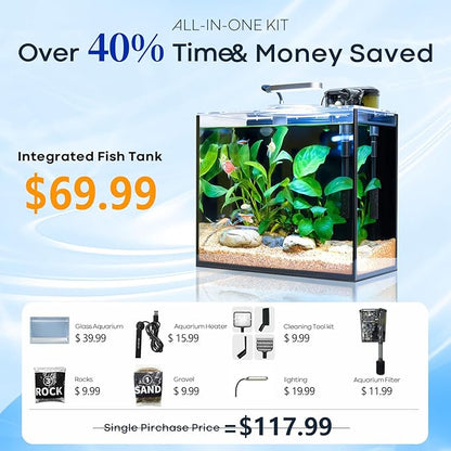 3 Gallon Small Fish Tank Glass Aquarium Set, Starter Kit with Heater Self Cleaning System Filter Bright Light Rocks Gravel Cleaning Tool, Leak-Proof Clear Rimless Desktop Spaces Saving Betta Fish