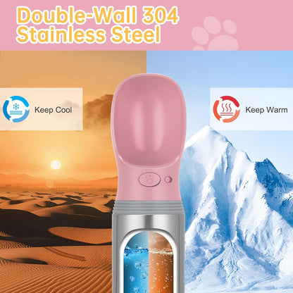 Portable Dog Water Bottle, 14 OZ, Stainless Steel Leak Proof Puppy Water Dispenser with Drinking Feeder for Pets Travel, Walking, Hiking and Outdoor Activities
