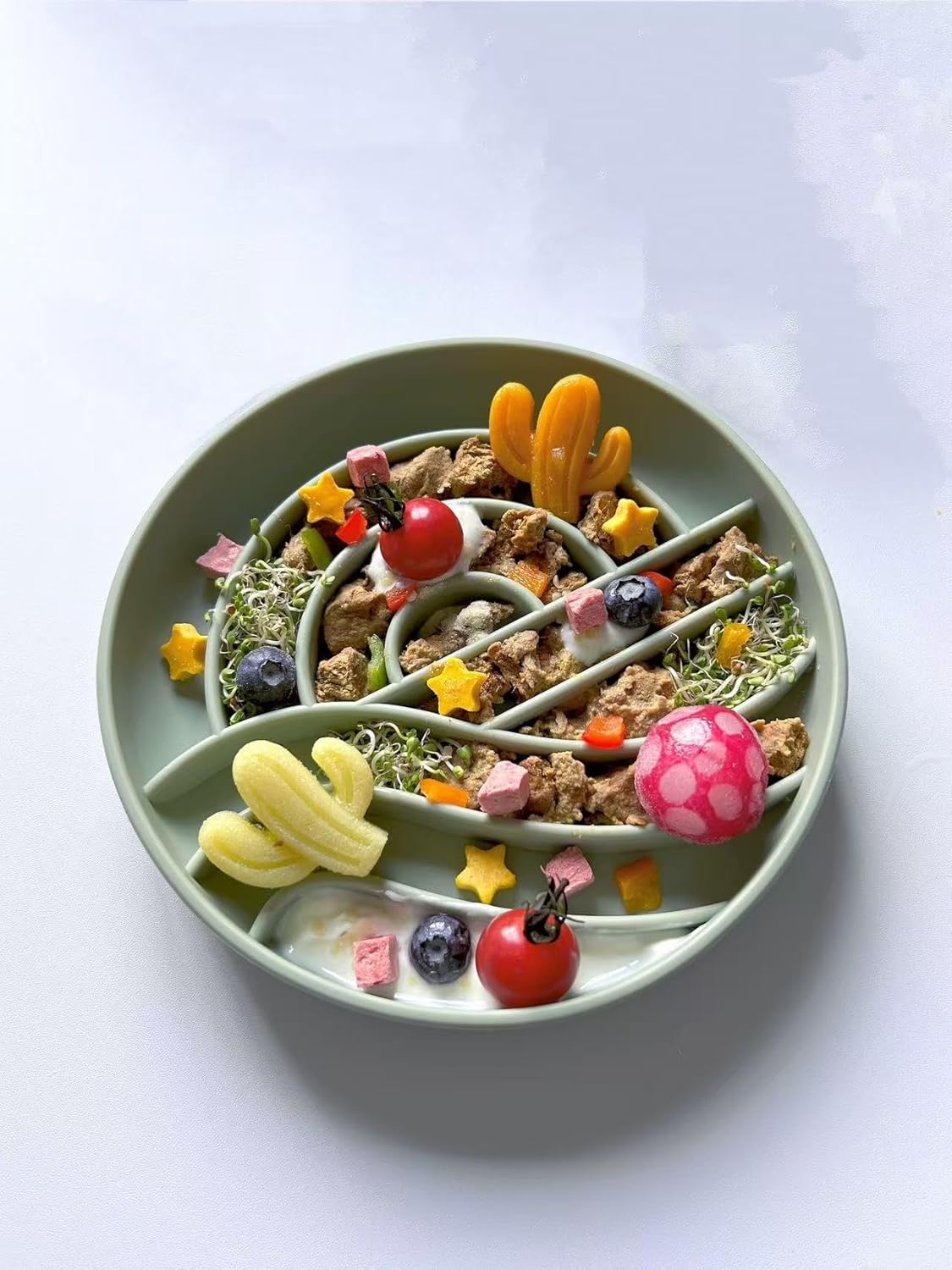 OHMO Slow Feeder Dog Bowls (Sunrise, Sage Green) Enrichment Toy Soft Silicone Food Safe Feeding Bowl Non Slip Suction Cup for All Breed Pet, Cat Slow Down Eating Dishes, Boredom and Anxiety Reducer