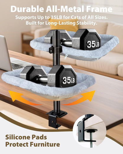 L&W BROS. Double Layer Cat Desk Bed – Adjustable Desk Nest with Swivel Mounts, Metal Frame, 45LB/Layer, Washable Covers, for Multi-Cat Homes