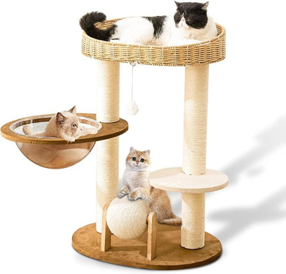 Modern Cat Tree for Indoor Cats, Wood Cat Tree with Natural Sisal-Covered Scratching Posts, Unique Cat Furniture Activity Center with Cat Scratching Ball Toy