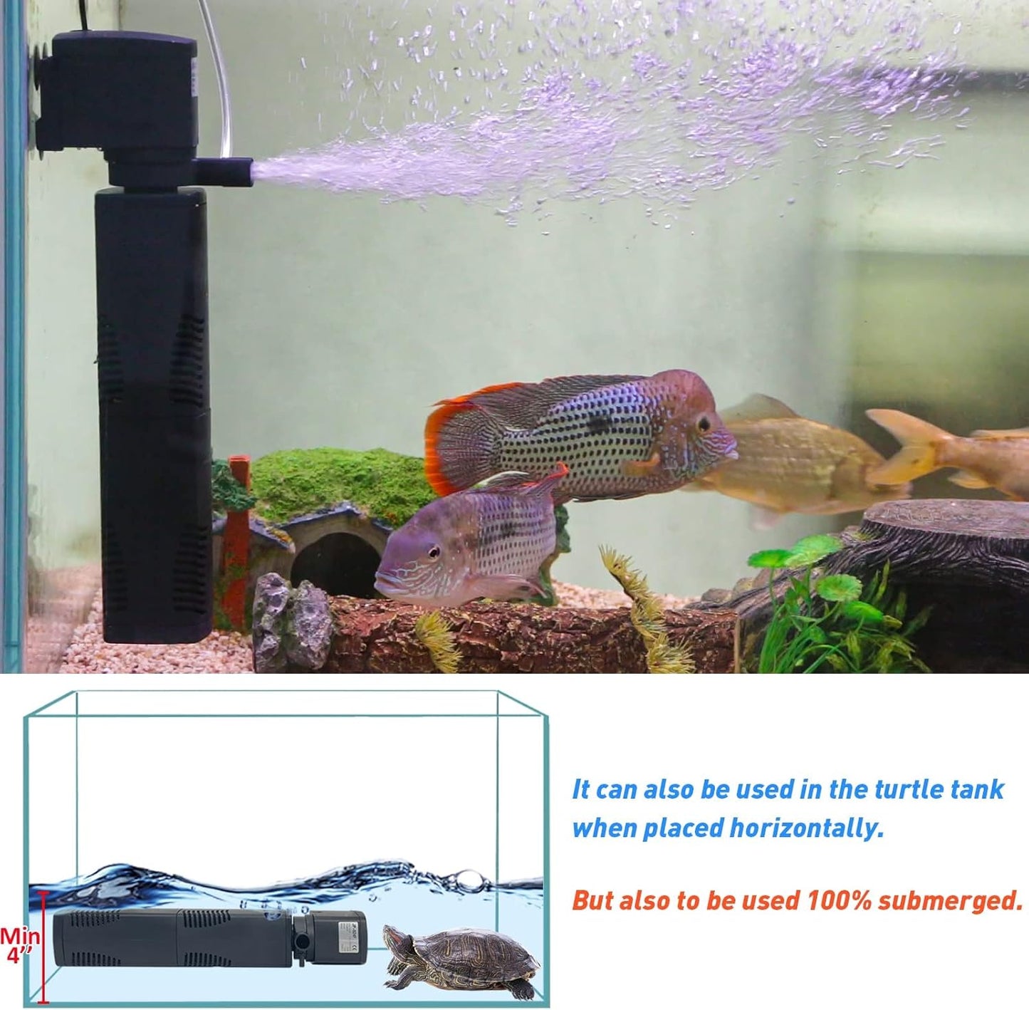 Aquarium Filter for 40-150 Gal. Tank Crystal 300GPH Biochemical Filtration Powerful Pump Submersible Internal Fish Tank Filters Large Tank Pond Clear Wavemaker Air Supply 4 in 1