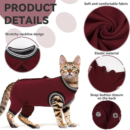 T'CHAQUE Cat Clothes Surgery Recovery Suit for Female Male, Cat Onesie Pet Surgical Pajamas Long Sleeve, Abdominal Wound Healing, E-Collar Alternative, Spay/Neuter Recovery Garment-Burgundy-XL