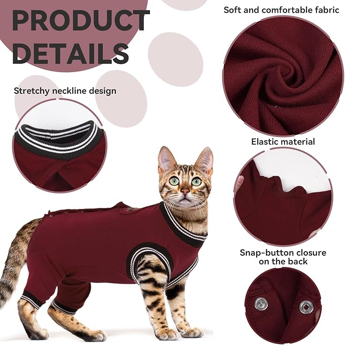 T'CHAQUE Cat Clothes Surgery Recovery Suit for Female Male, Cat Onesie Pet Surgical Pajamas Long Sleeve, Abdominal Wound Healing, E-Collar Alternative, Spay/Neuter Recovery Garment-Burgundy-M