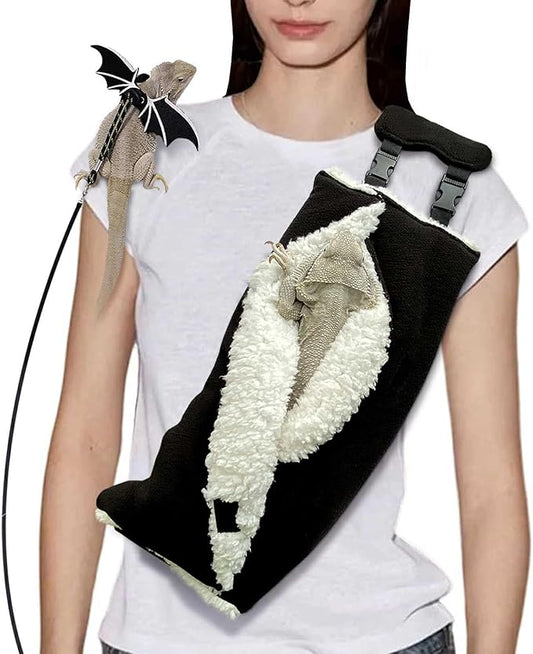 Adjustable Fluffy Bearded Dragon Sling Carrier Bag, Reptile Carrier with Leash Harness Lizard Cage Accessories for Small Animal, Kitty, Ferrets, Squirrel, Hamsters,Parrot (Black)