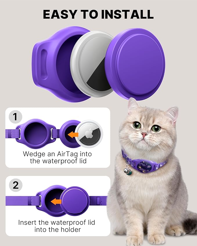 Cat Collar with Airtag Holder, Breakaway Airtag Cat Collar for Apple Air Tag with Luminous & Reflective Pattern, Waterproof GPS Cat Tracker Collars for Boy Girl Cats Kittens with Bell, Purple (8-12")