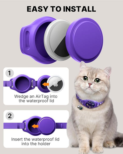 Cat Collar with Airtag Holder, Breakaway Airtag Cat Collar for Apple Air Tag with Luminous & Reflective Pattern, Waterproof GPS Cat Tracker Collars for Boy Girl Cats Kittens with Bell, Purple (8-12")