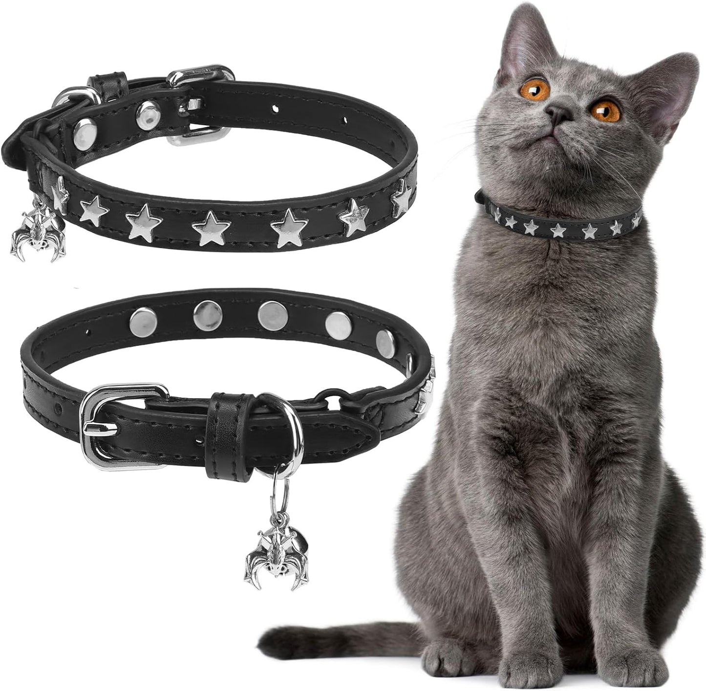 EXPAWLORER Halloween Leather Cat Collar - Adjustable Pet Collar with Rivet Spike for Girl Boy Cats, Punk Accessories with Bell & Durable D-Ring,Silver Pentagram