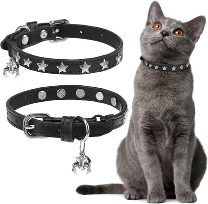 EXPAWLORER Halloween Leather Cat Collar - Adjustable Pet Collar with Rivet Spike for Girl Boy Cats, Punk Accessories with Bell & Durable D-Ring,Silver Pentagram