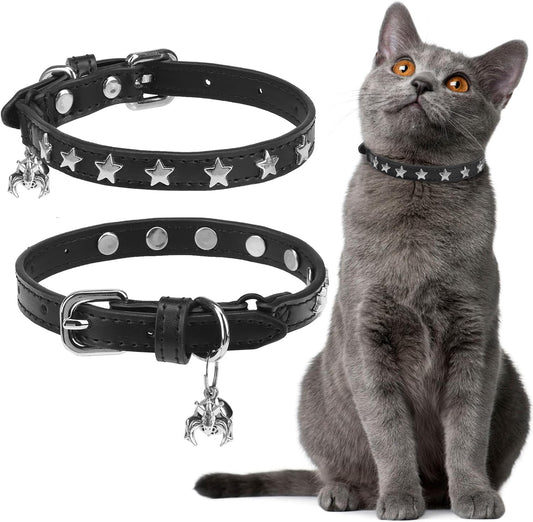 EXPAWLORER Halloween Leather Cat Collar - Adjustable Pet Collar with Rivet Spike for Girl Boy Cats, Punk Accessories with Bell & Durable D-Ring,Silver Pentagram