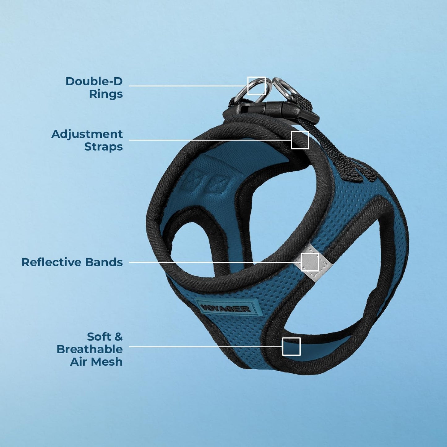 Best Pet Supplies Voyager Step-in Air Harness - All Weather Mesh, Reflective, No Pull Harness for Dogs, Cats - Secure with Hook & Loop Fastener, Buckle, Double D-Rings - Blue/Black Trim, L