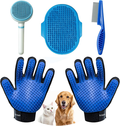 4Piece Dog Grooming Brush Set with Grooming Gloves, Deshedding Comb & Massage Bath Brush - Multifunctional Pet Hair Removal Tools for Shedding, Bathing, Brushing (Blue)