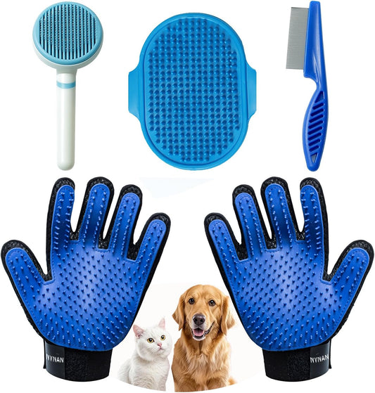 4Piece Dog Grooming Brush Set with Grooming Gloves, Deshedding Comb & Massage Bath Brush - Multifunctional Pet Hair Removal Tools for Shedding, Bathing, Brushing (Blue)