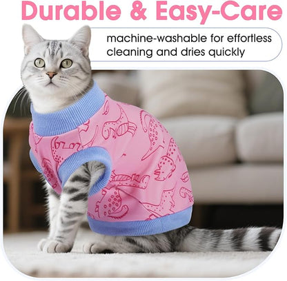 DENTRUN Sleeveless Cat Vest with Dinosaur Print, Breathable Ultra-Soft Dralon Fleece Cat Sweater, All-Season Pet Costume Apparel for Cats, Kitten Clothing for Indoor/Outdoor, Pink, S