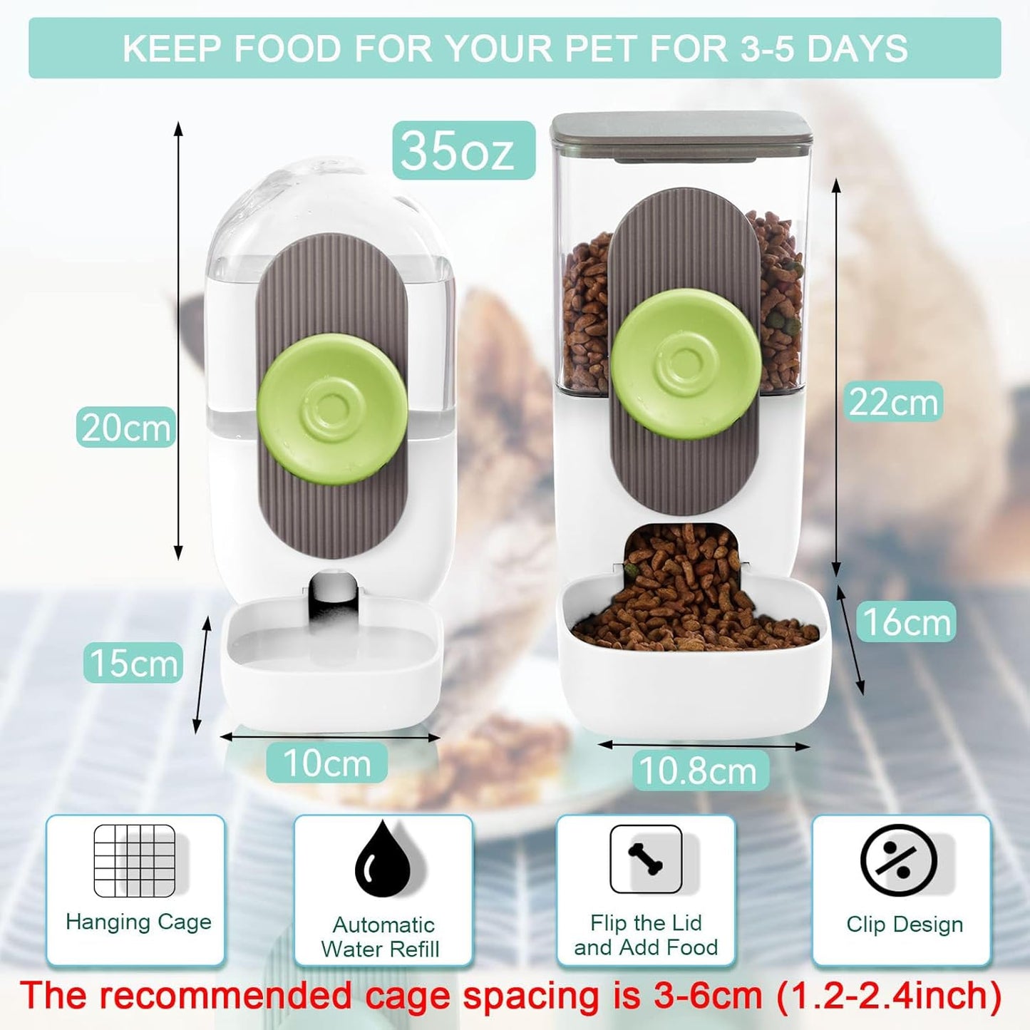 Hanging Automatic Food Water Dispenser,Gravity Rabbit Feeder, Water Dispenser Food Bowl for Bunny Chinchilla Guinea Pig Hedgehog Ferret (White Brown)