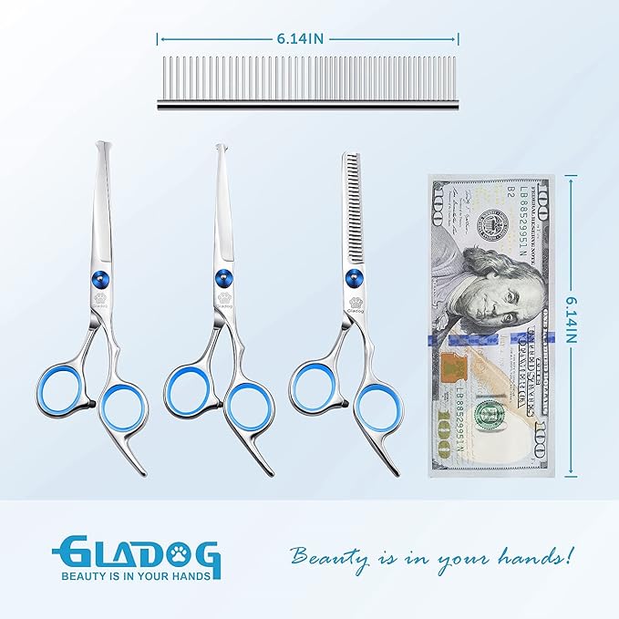 GLADOG Professional 5 in 1 Dog Grooming Scissors Set with Safety Round Tips, Sharp and Heavy-duty Pet Grooming Shears for Cats